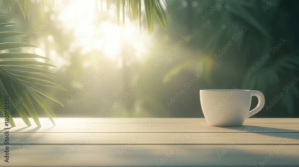 White coffee cup on wooden table with tropical plants and soft sunlight. White coffee cup on wooden table with tropical plants and soft sunlight.