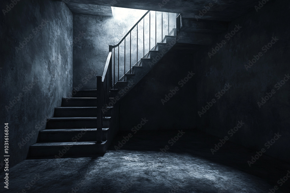 Fototapeta premium empty black basement room interior with staincase with copy space