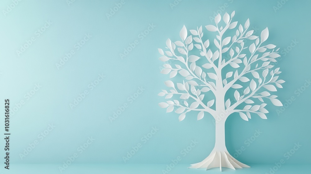 Obraz premium White paper cut tree on a blue background for artistic and decorative use.