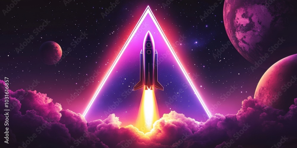 Rocket launch through neon triangle in space. Rocket launch through neon triangle in space.