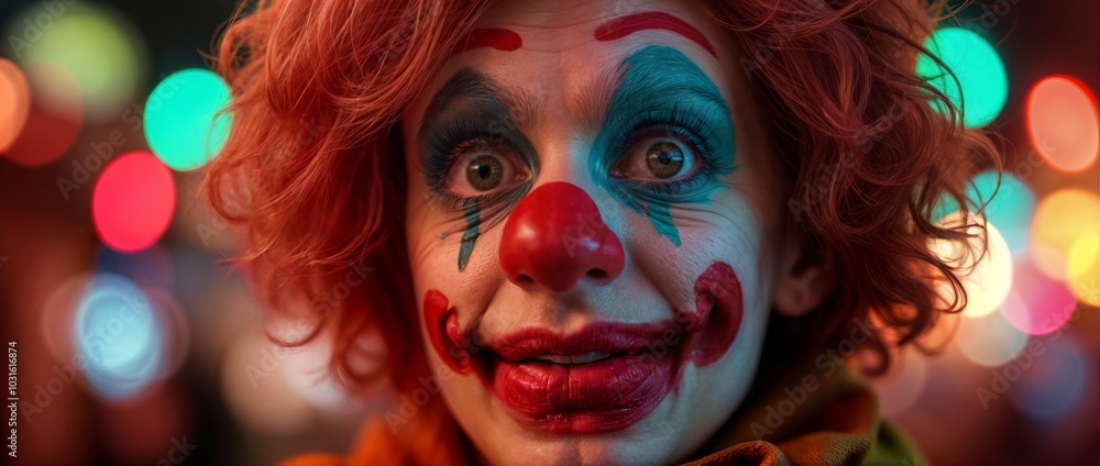 creepy clown with a sinister smile and make-up on the background of blurred lights. Ideal for Halloween posters, horror events creepy clown with a sinister smile and make-up on the background of blurred lights. Ideal for Halloween posters, horror events
