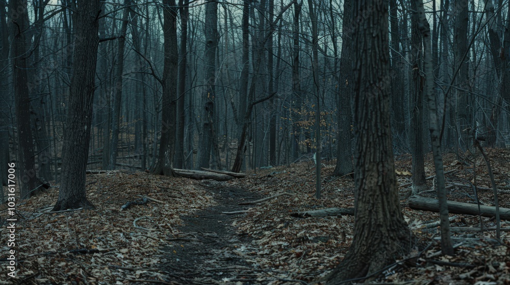 Fototapeta premium Dark Forest Path in Autumn Aftermath