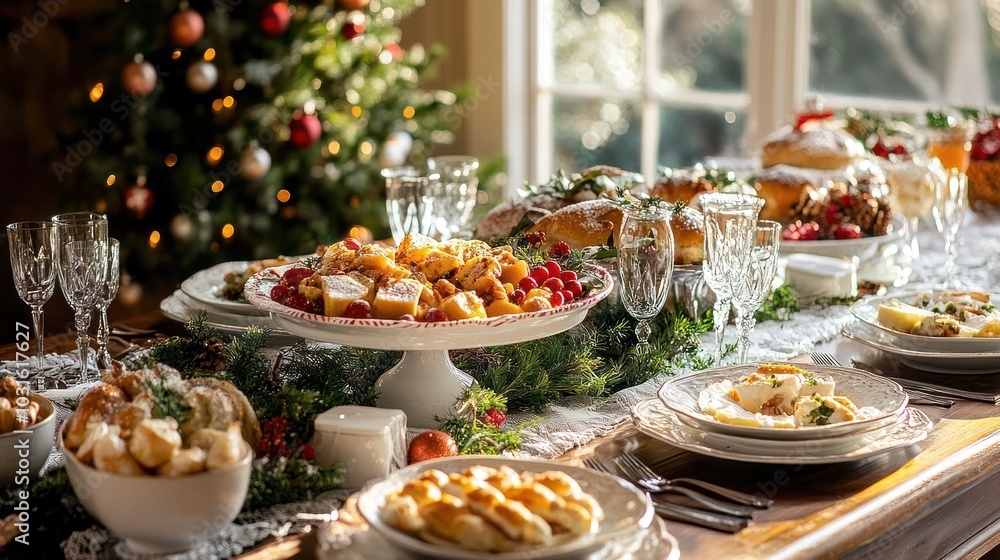 Festive Christmas dinner table with traditional food and decorations, including a decorated Christmas tree in the background. Festive Christmas dinner table with traditional food and decorations, including a decorated Christmas tree in the background.