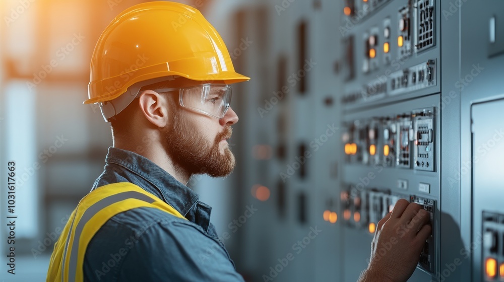 Worker in hard hat operating electrical control panel, focused expression. Worker in hard hat operating electrical control panel, focused expression.