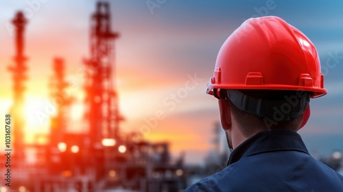 Worker in hard hat observing sunset over oil refinery, safety and professionalism. photo