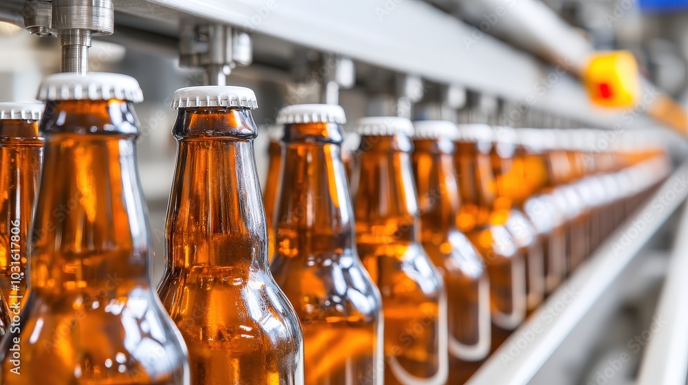 Beer Bottles on Conveyor Belt in Brewery Factory Beer Bottles on Conveyor Belt in Brewery Factory