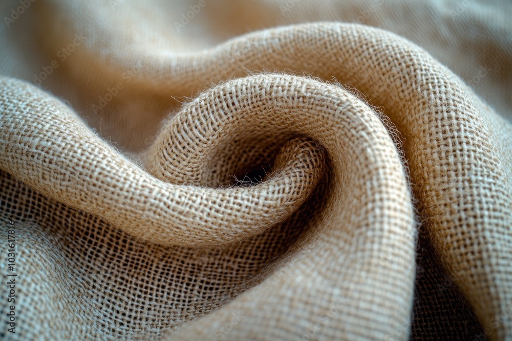 Close-up shot of a soft, natural, woven fabric with a textured surface. The fabric is folded in a spiral shape. Close-up shot of a soft, natural, woven fabric with a textured surface. The fabric is folded in a spiral shape.