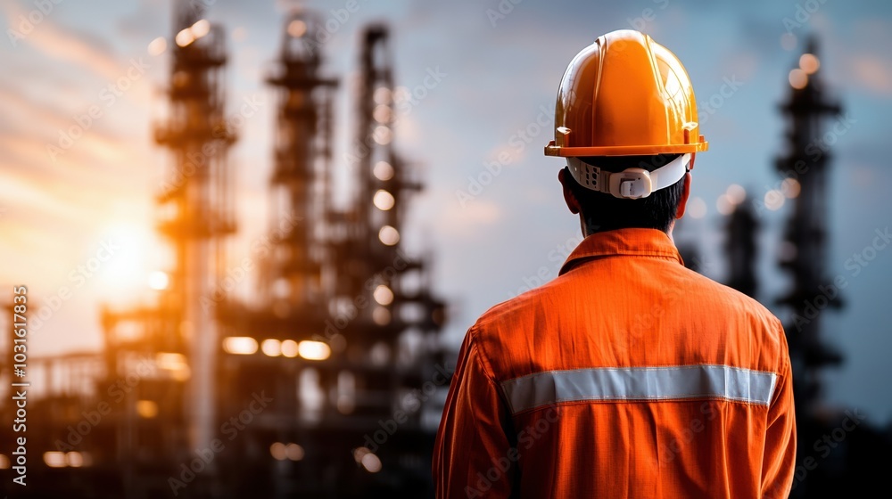 Worker in orange uniform with helmet observing industrial plant at sunset. Worker in orange uniform with helmet observing industrial plant at sunset.