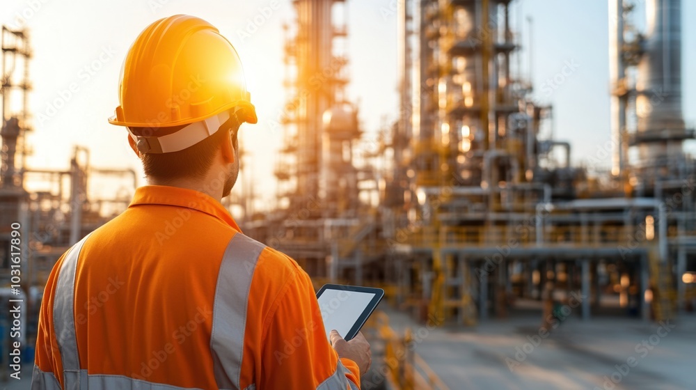 Worker in safety gear inspecting industrial site at sunset. Worker in safety gear inspecting industrial site at sunset.
