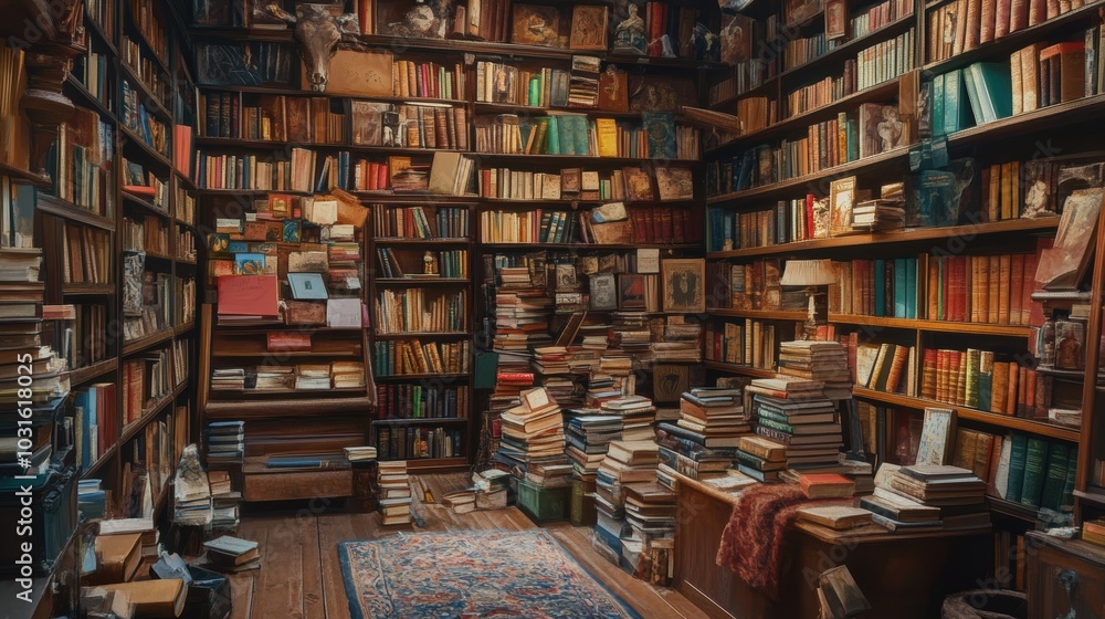 A cluttered library with bookshelves filled with books. A cluttered library with bookshelves filled with books.