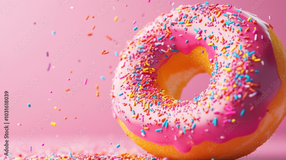 Pink frosted donut with sprinkles on pink background. Pink frosted donut with sprinkles on pink background.