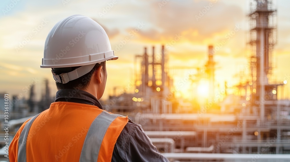 Worker in safety gear observing an industrial site at sunset. Worker in safety gear observing an industrial site at sunset.