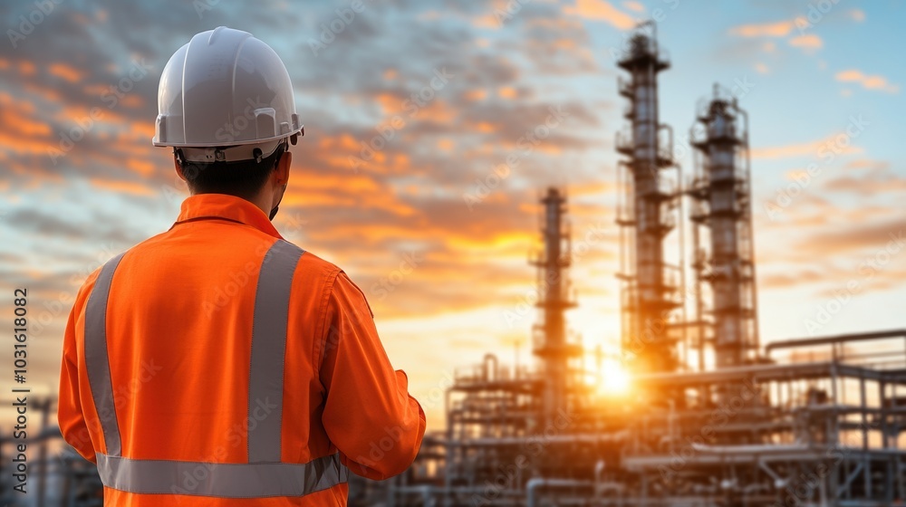 Worker in safety gear observing industrial facility at sunset, silhouette against sky. Worker in safety gear observing industrial facility at sunset, silhouette against sky.