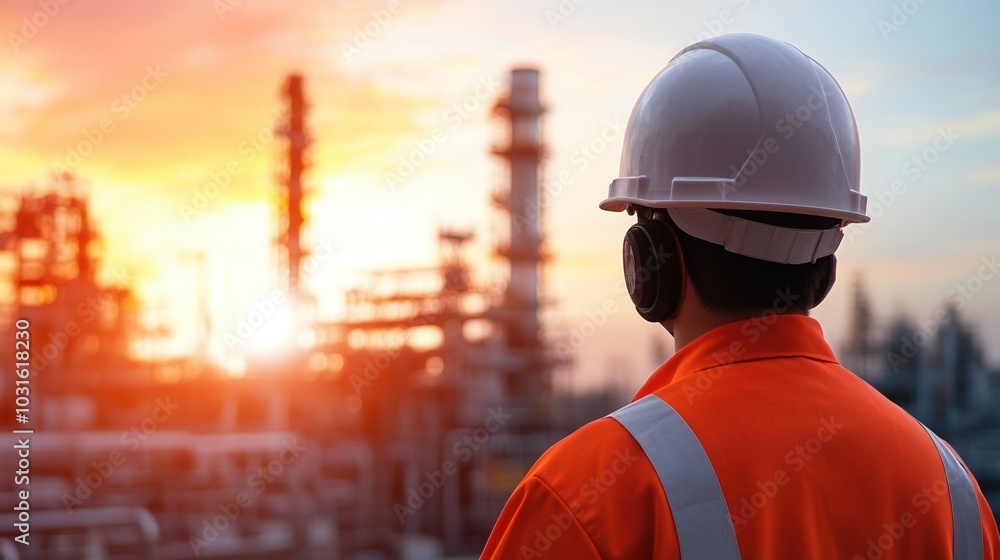 Worker in safety gear observing sunset over a refinery. Worker in safety gear observing sunset over a refinery.