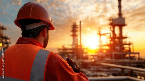 Worker in safety gear observing sunset at oil refinery, silhouette against sky.