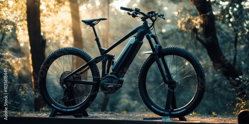 Black electric mountain bike on a stand.