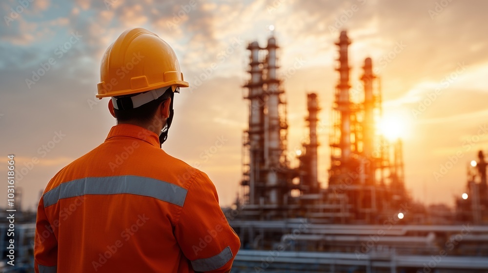 Worker observing an oil refinery at sunset, wearing safety gear and a helmet. Worker observing an oil refinery at sunset, wearing safety gear and a helmet.