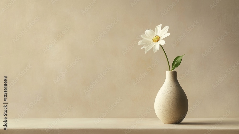 A single white daisy in a simple, beige vase against a beige background. A single white daisy in a simple, beige vase against a beige background.