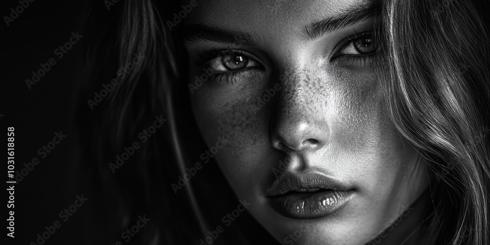 Black and white portrait of a woman's face. Black and white portrait of a woman's face.