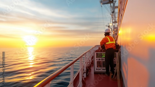 Worker on a ship deck at sunset, ocean view in the background. photo