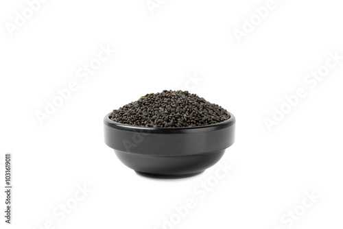 Basil seeds isolated on white background. Close-up. Superfood. Ocimum basilicum. Organic basil seeds.