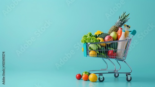 shopping cart full of fruits, vegetables and groceries on light blue background