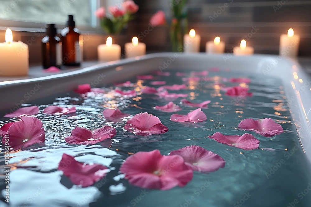 Image of a bathtub filled with warm water surrounded by scented candles. Flower petals float in the water, and bottles with essential oils can be seen in the background, emphasizing the spa atmospher
Image of a bathtub filled with warm water surrounded by scented candles. Flower petals float in the water, and bottles with essential oils can be seen in the background, emphasizing the spa atmospher
