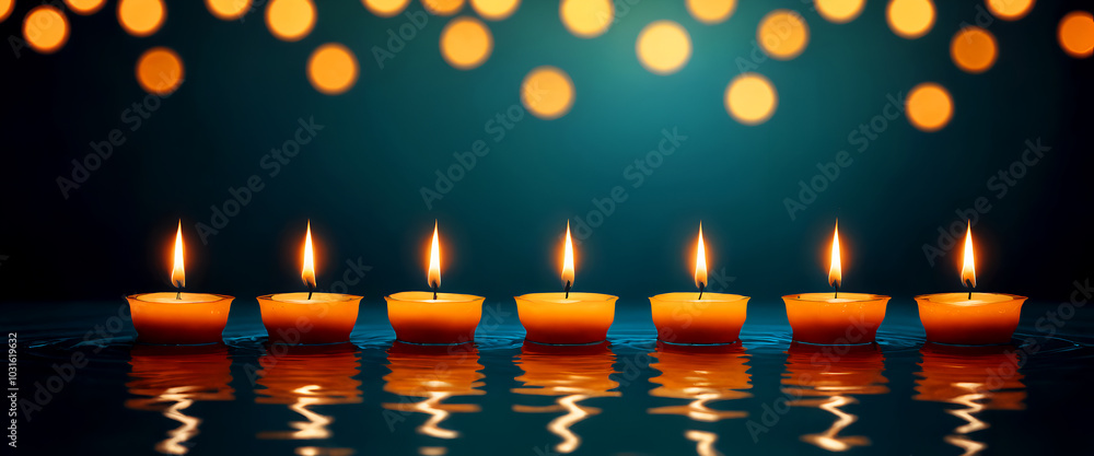 Burning candles in water for Diwali holiday, created with Generative AI technology Burning candles in water for Diwali holiday, created with Generative AI technology