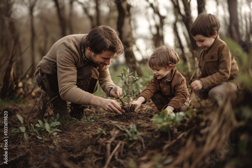 father and kids in brown clothes planting a tree