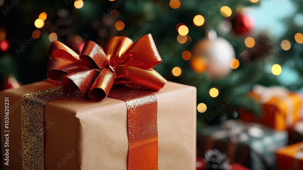 Festive Gift Box with Red Gold Bow Under Christmas Tree Lights Festive Gift Box with Red Gold Bow Under Christmas Tree Lights