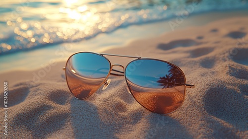 Wallpaper Mural Sunglasses lying on a sandy beach with the reflection of the ocean and sunset in the lenses. Torontodigital.ca