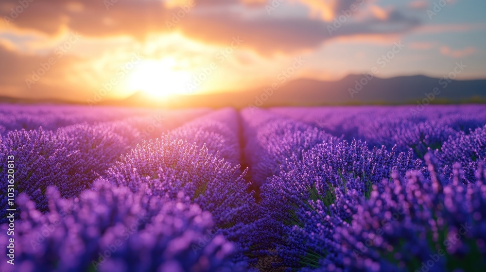 A field of lavender flowers in full bloom at sunset, with the sun shining brightly in the distance. A field of lavender flowers in full bloom at sunset, with the sun shining brightly in the distance.