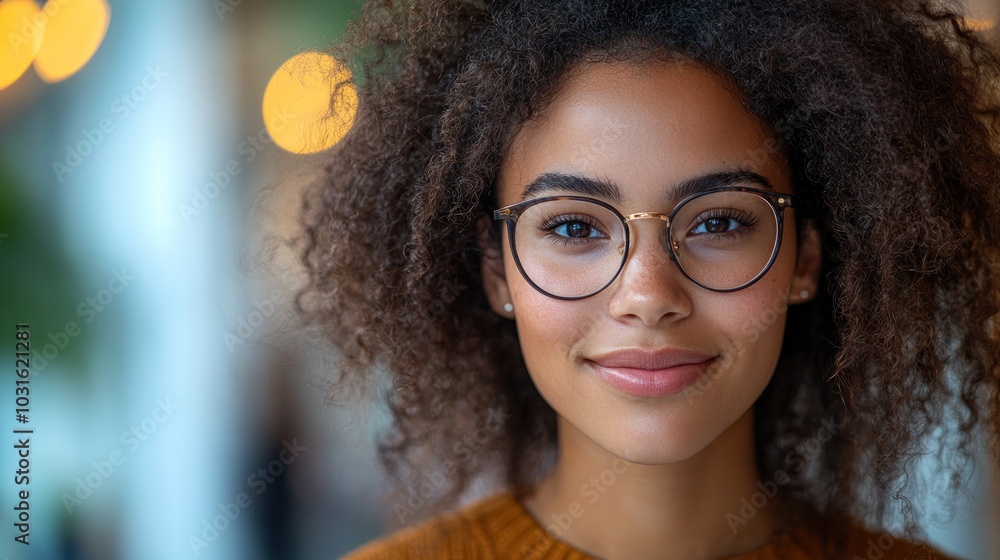 A young woman with curly hair and glasses smiles at the camera. A young woman with curly hair and glasses smiles at the camera.