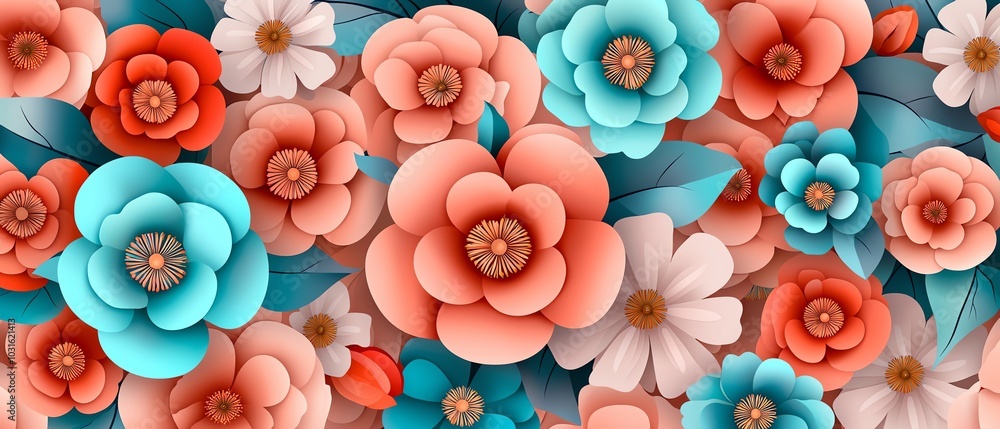A vibrant floral pattern featuring a mix of coral, blue, and white blossoms interspersed with lush green leaves. A vibrant floral pattern featuring a mix of coral, blue, and white blossoms interspersed with lush green leaves.