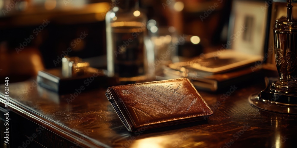 Leather wallet on wooden table with blurred background. Leather wallet on wooden table with blurred background.