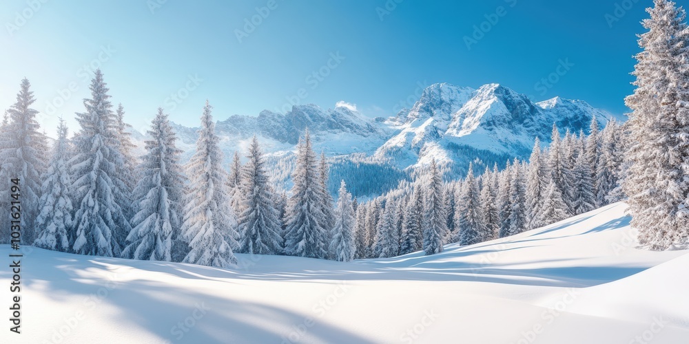 Snowy mountains and pine trees under a blue sky. Snowy mountains and pine trees under a blue sky.