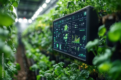 A digital screen displaying graphs and data in a modern indoor vertical farm.