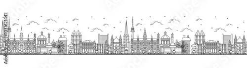 Seamless pattern with Outline Vienna Austria City Skyline with Historic Buildings Isolated on White. Vienna Cityscape with Landmarks.