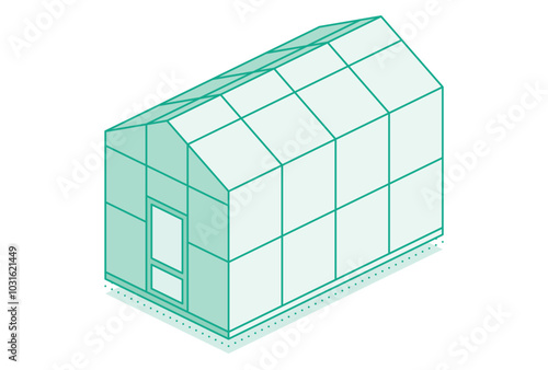 Isometric greenhouse. Farming and horticulture concept. Closed door. Outline object isolated on white background. Glass house.