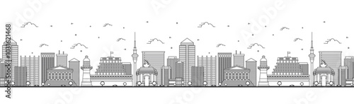 Seamless pattern with Outline Wellington New Zealand City Skyline with Modern and Historic Buildings Isolated on White. Wellington Cityscape with Landmarks.