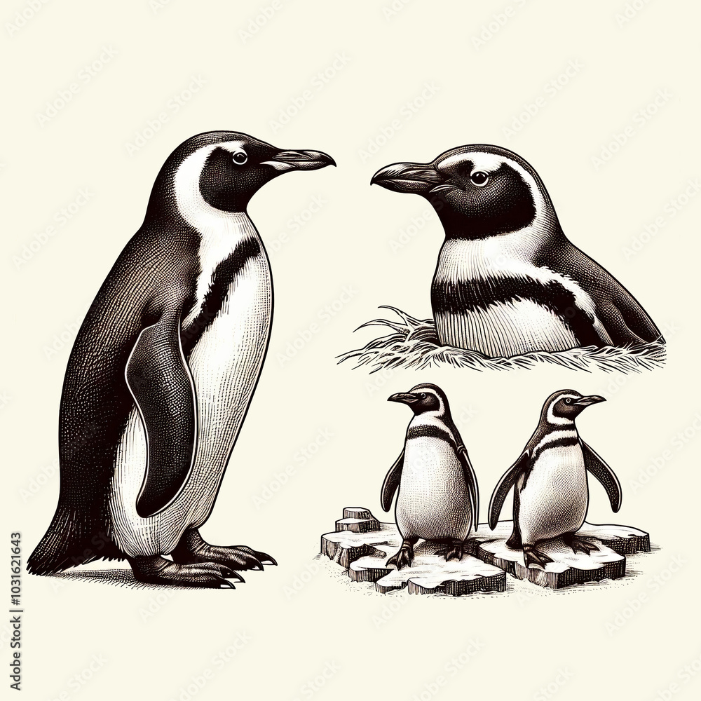 Fototapeta premium Hand drawn Engraving style of penguins . Retro illustration.