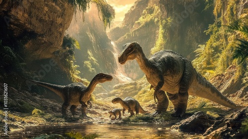 Fototapeta Naklejka Na Ścianę i Meble -  Four dinosaurs stand near a river in a lush green jungle with waterfalls and a cave in the background.