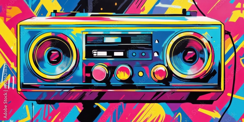Fototapeta premium A colorful boombox with a graffiti background.