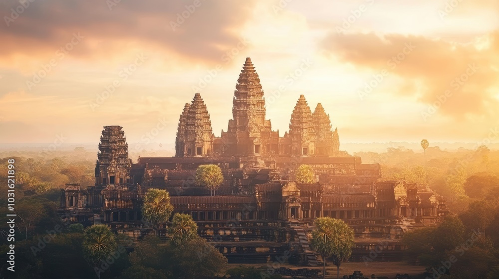 Fototapeta premium Ancient temple bathed in golden sunrise.