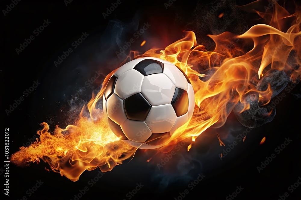 Fototapeta premium Spinning Fiery Soccer Ball Isolated on Black Background for Dynamic Sports Imagery