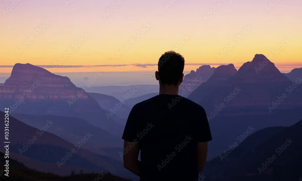 Silhouette of a man standing on a mountain overlooking a valley at sunset. Silhouette of a man standing on a mountain overlooking a valley at sunset.