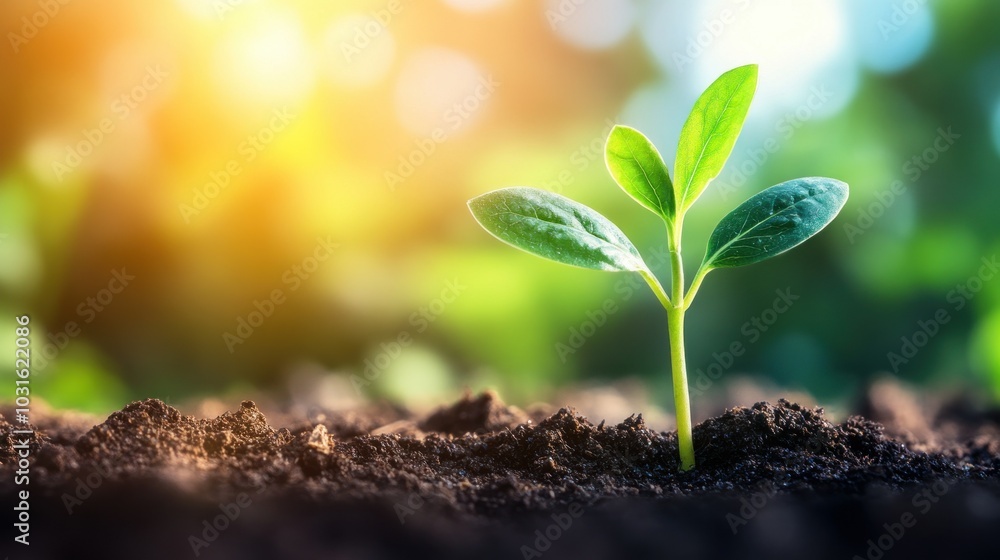 A Single Green Sprout Emerging from Rich Soil with a Sunny Background A Single Green Sprout Emerging from Rich Soil with a Sunny Background