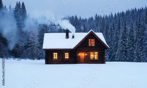 Cozy wooden cabin nestled in a snowy winter forest landscape with a warm glow from the windows and a peaceful serene atmosphere  The perfect winter getaway or holiday destination 