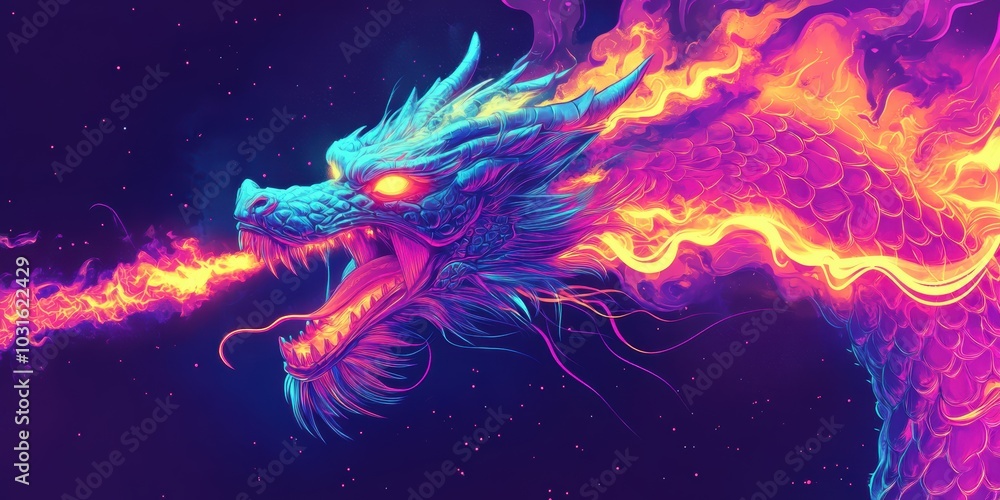 Fototapeta premium Neon dragon breathing fire against starry night.