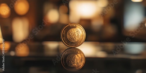 Golden coin on a dark surface.